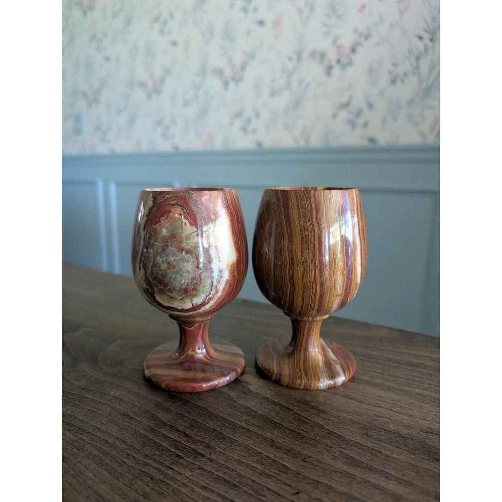 Hand Crafted Onyx Marble Banded Goblets Natural Stone Chalice Set 2 Wine Glasses
